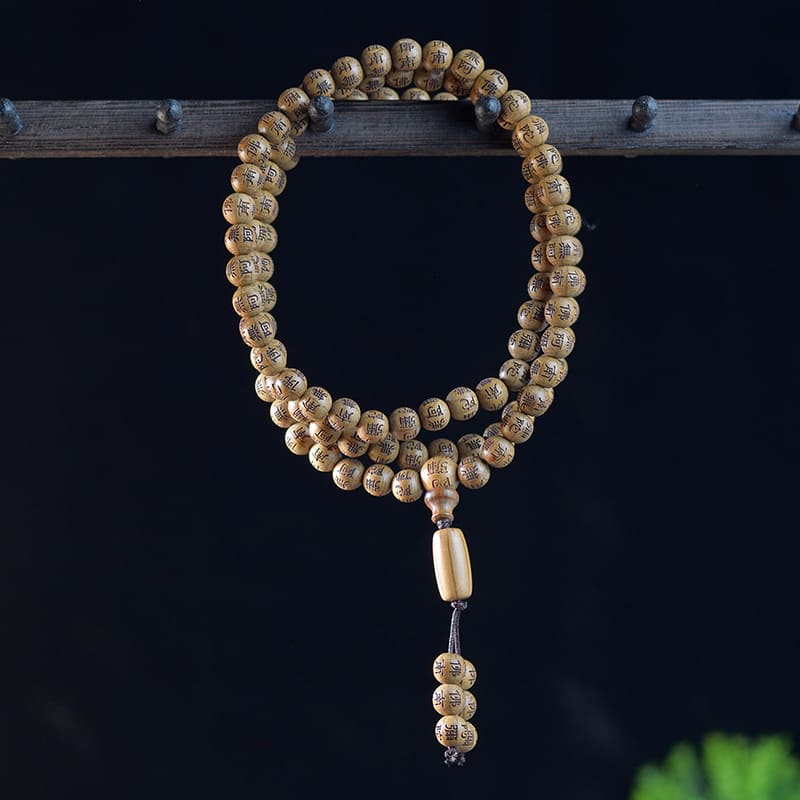 Handcrafted Wooden Mala Beads – Carved with Sacred Mantras for Meditation