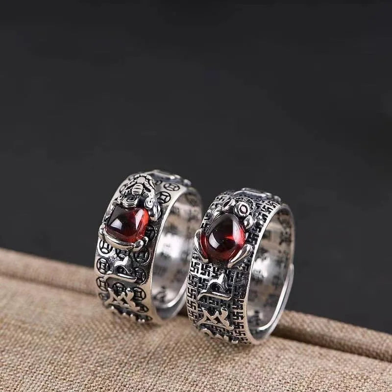 Natural Garnet Pixiu Ring - Feng Shui Wealth Ring