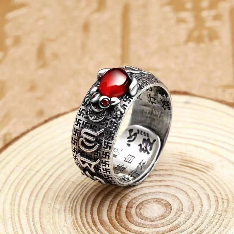 Natural Garnet Pixiu Ring - Feng Shui Wealth Ring